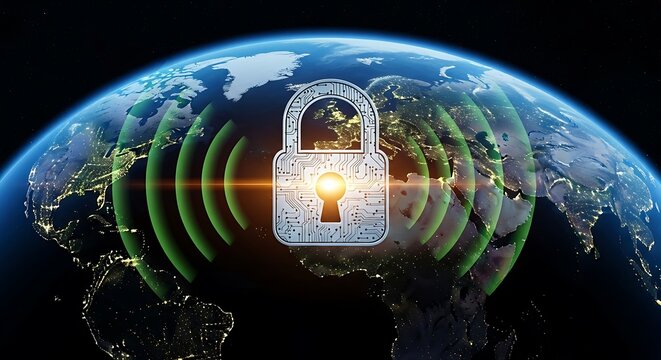 Global Data Security: Earth with Circuit Board Lock and Green Signal Waves