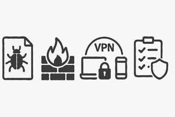 Cybersecurity and Data Protection Icons: Bug, Firewall, VPN, and Security Checklist for Digital Safety