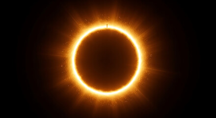 A breathtaking total solar eclipse featuring the sun's radiant corona, a majestic bright amber ring of light in the dark sky