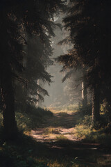 Fototapeta premium Serenity Awaits: Discover the Mystical Allure of a Dusty Trail through Enchanted Woods in Tranquil Settings