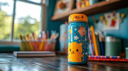 Kid friendly water bottle with playful animal designs on a colorful school desk surrounded by crayons and books ideal for keeping children hydrated at school