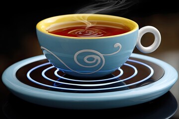 A light-blue teacup with yellow trim, steaming hot, sits on a glowing, circular saucer