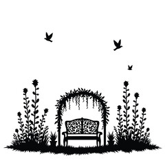 Fototapeta premium Black silhouette of garden arch with bench and plants
