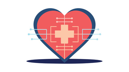Illustration of a red heart shape with a plus sign and circuit board elements on a white background