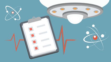 Illustration showing a ufo, a clipboard with checked boxes, atoms, and a heartbeat line diagram