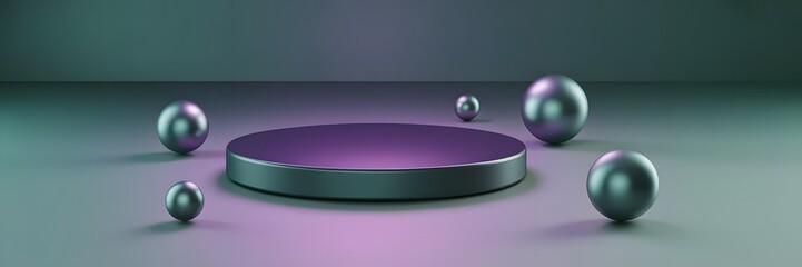 Metallic Spheres and Platform in Gradient Lighting, Abstract 3D Render
