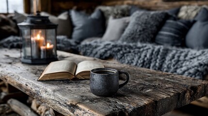 Enjoy a cozy moment with a cup of coffee and a good book in rustic cabin retreat