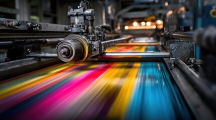 Fototapeta premium A vibrant and dynamic scene showcasing the intricate process of color printing in a modern industrial setting with vivid hues and machinery.