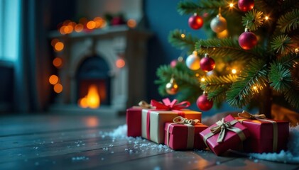 Bokeh lights illuminate a stylized Christmas tree and wrapped gifts , gifts, glowing