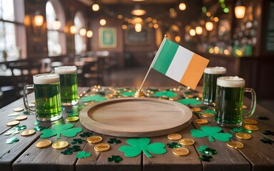 St. Patrick's Day Celebration Table Setting with Green Beer and Irish Flag