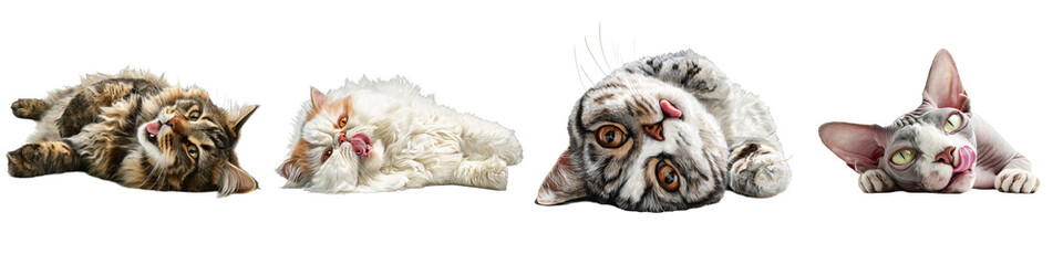 Four adorable cats lounging happily with playful expressions on transparent background