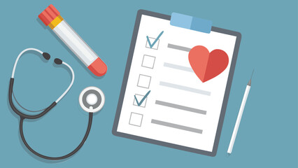 Medical examination with stethoscope, test tube, clipboard with heart and pen on blue background