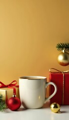Christmas ornaments & wrapped gifts beside a warm beverage in a mug, gold backdrop , red, gold