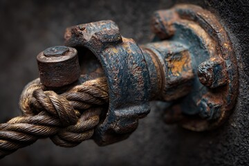 A close up of a rusted metal fixture with a knotted rope attached to it