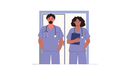 Illustration of two healthcare workers wearing scrubs and stethoscopes standing in front of a doorway area