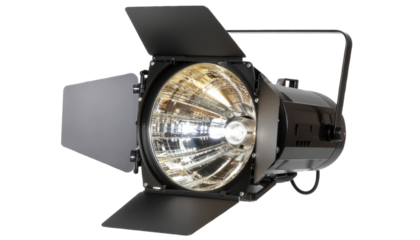 Black stage fresnel spotlight theater lighting equipment professional lamp isolated on white background