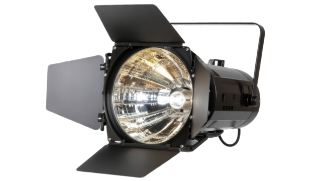 Black stage fresnel spotlight theater lighting equipment professional lamp isolated on white background - Powered by Adobe