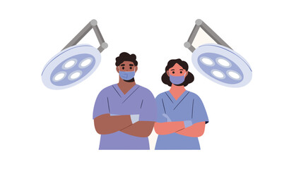 Two healthcare workers in scrubs and masks standing under surgical lights with arms crossed calmly