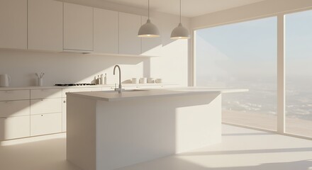 A Serene, Sun-Drenched Minimalist Kitchen with a Panoramic View