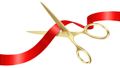 Golden scissor cutting red shiny ribbon grand opening ceremony celebration isolated on white background