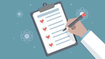 Doctor hand writing on clipboard with heart checkmarks and atom icons on a blue background illustration