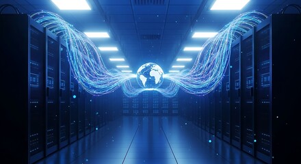 Global Network Server Room with Illuminated Fiber Optics
