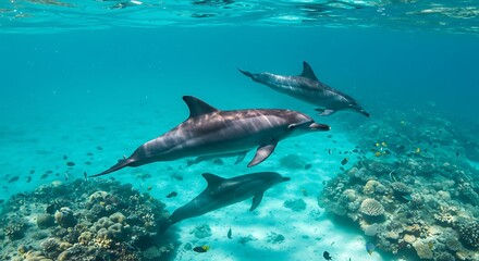 Fototapeta premium A Sunlit Dolphin Pod Glides Gracefully Over a Vibrant Coral Reef
