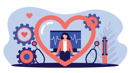 Illustration of a woman sitting in front of a monitor with heart rate inside a heart shape design