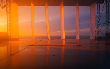 Stage Set with White Curtains and Metal Structure Reflecting Sunset Colors