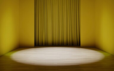 Empty Stage with Dramatic Lighting and Curtains, Ready for Performance