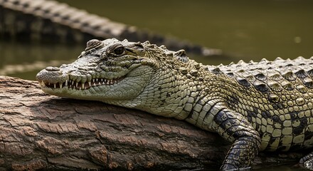 Obraz premium A Watchful Crocodile's Toothy Grin: Detailed Close-Up on a Log
