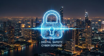 Glowing Digital Lock Overlaying Cityscape Depicting Cyber Security and Protection