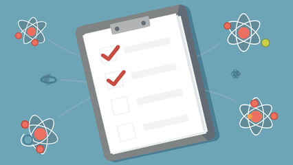 Clipboard with checkmarks and blank boxes surrounded by atom illustrations on a blue background