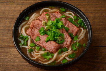 Beef udon noodle soup with fresh green garnish served in a black bowl on wooden table