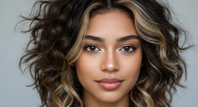 A Woman's Serene and Captivating Gaze, Framed by Voluminous Curls with Blonde Highlights.