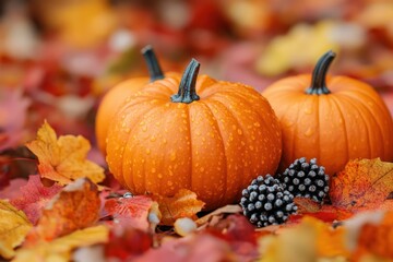 Bright orange pumpkins surrounded by colorful autumn leaves and berries