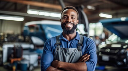 Obraz premium Mechanic smiling in auto shop workshop environment professional portrait engaging atmosphere