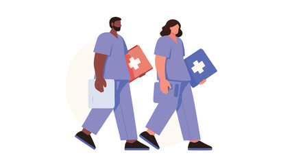 Two healthcare workers in scrubs walking with medical files and first aid kits in a hospital setting scene
