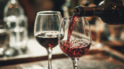 ai elegant red wine being poured into crystal glasses at a cozy evening gathering in a warm-lit venue