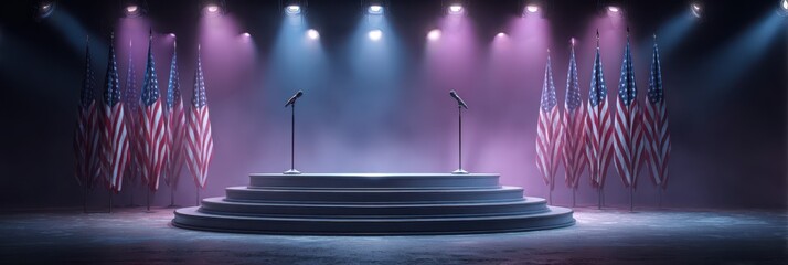 Stage setup with microphones and American flags for a political event in a well-lit venue