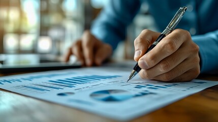 Businessman hand writing on printed report with blue financial charts