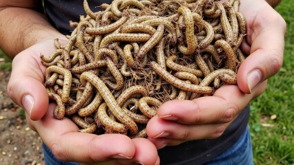 Close-up of hands holding a large quantity of speckled brown insect larvae, outdoors, natural light.