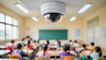 Security camera monitoring modern classroom with students in background