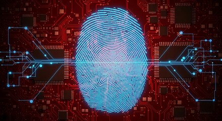 Glowing Fingerprint Overlayed on Red Circuit Board, Data Security Concept
