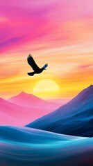 Bird silhouette flying over abstract sunset mountain horizon