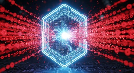 Glowing Hexagon Circuit Board with Red Data Stream, Futuristic Technology Concept