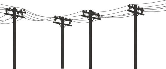 Silhouette of wooden utility poles with power lines, electrical transmission, energy infrastructure, electrical wires, power distribution, utility poles vector illustration