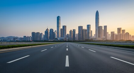 Fototapeta premium A Clear Path to Shenzhen's Modern Skyline Under a Serene Dawn Sky