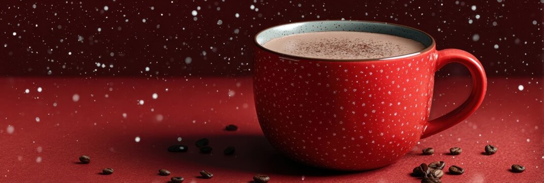 Cozy red cup of hot chocolate with chocolate dust on top surrounded by coffee beans in a winter setting