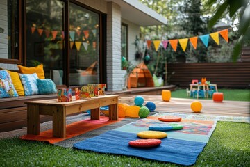 Colorful outdoor play area with vibrant decorations and seating for children